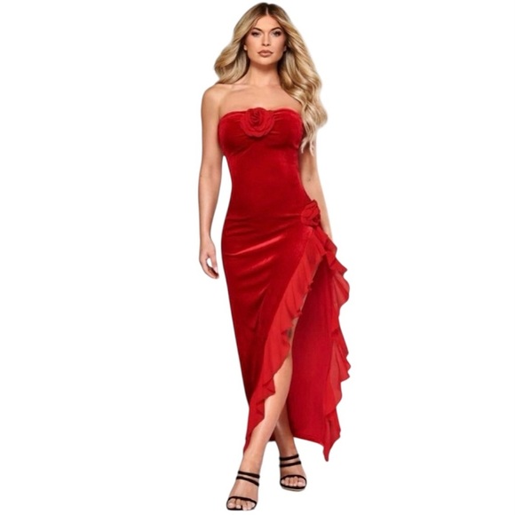 Red Velvet Rosette High Slit Strapless Maxi Dress Size Small - Picture 1 of 14